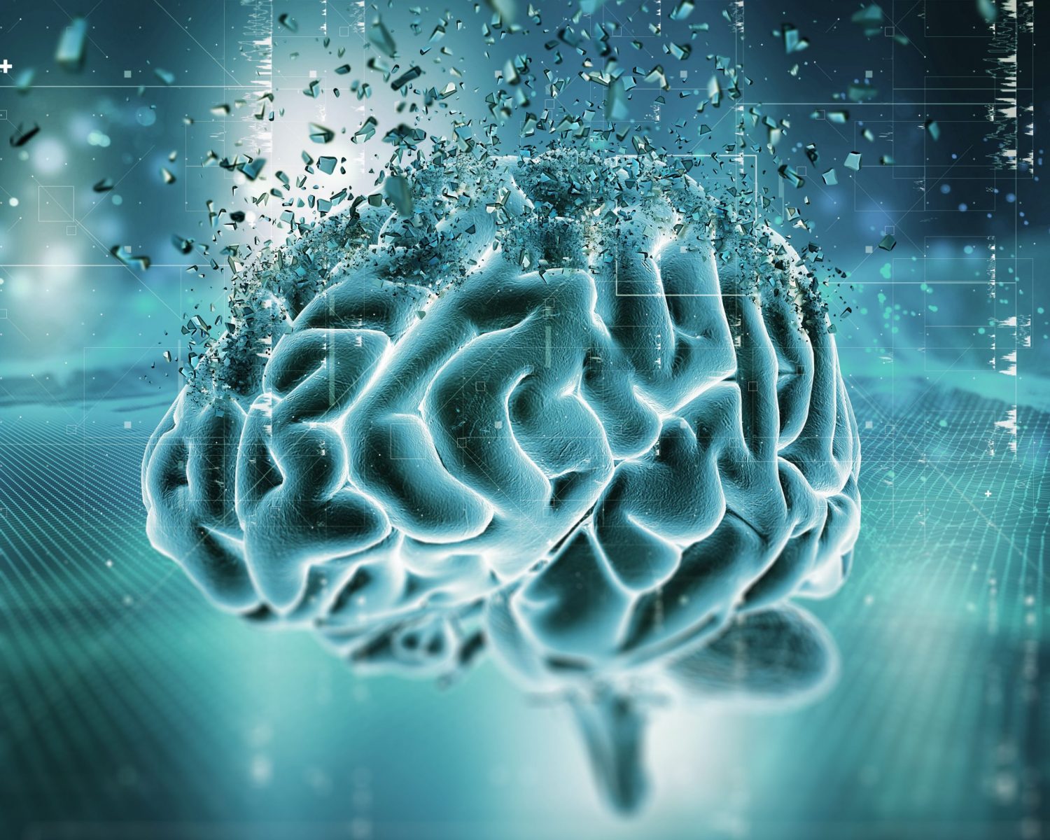 3D render of a medical image showing a brain shattering